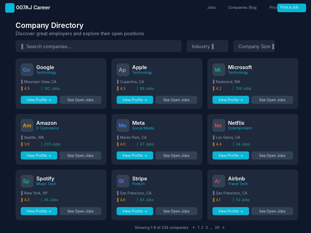 Company directory showing employer profiles with logos and open positions count