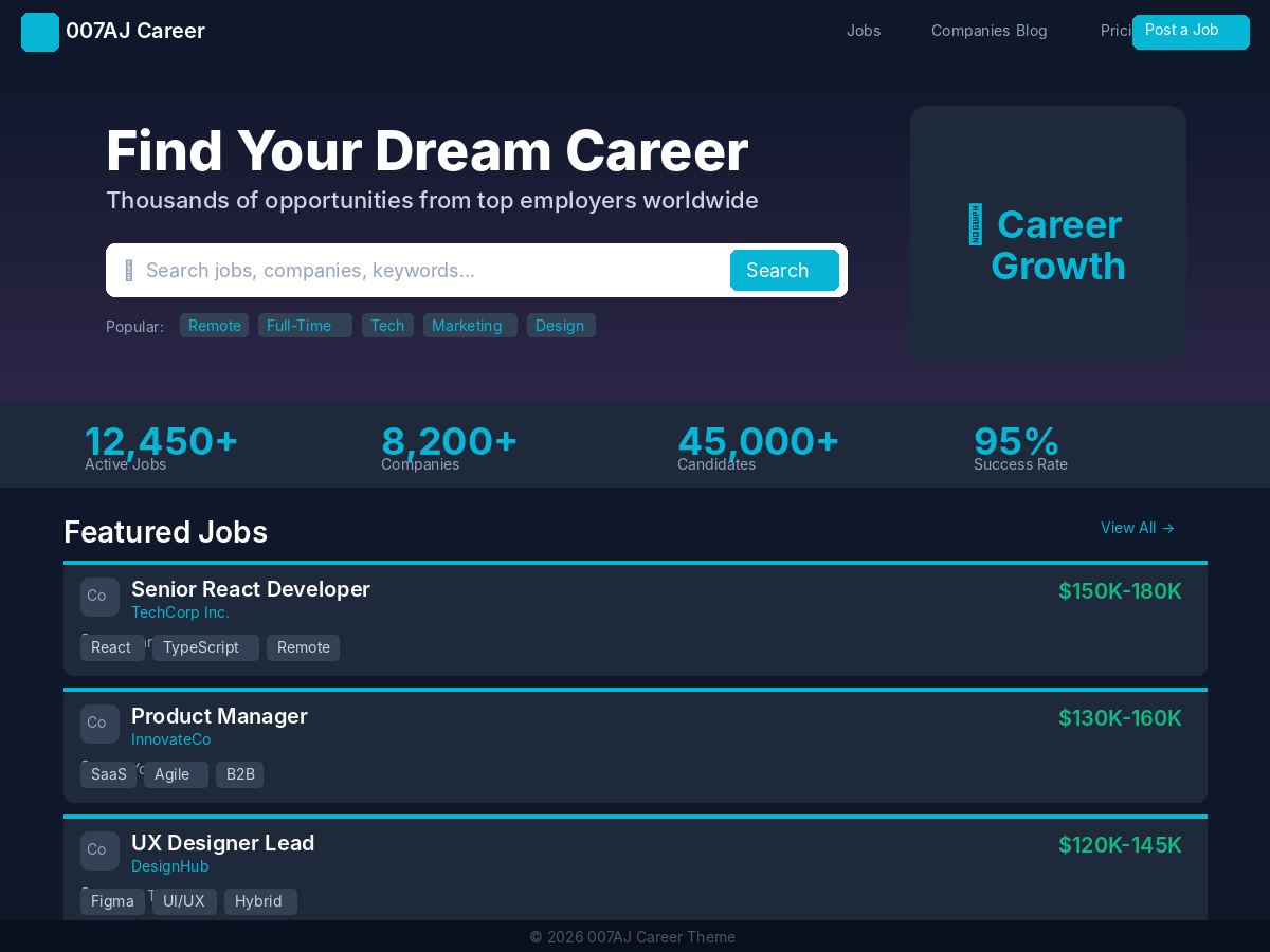 007AJ Career Theme homepage showing hero search, featured jobs, and job categories