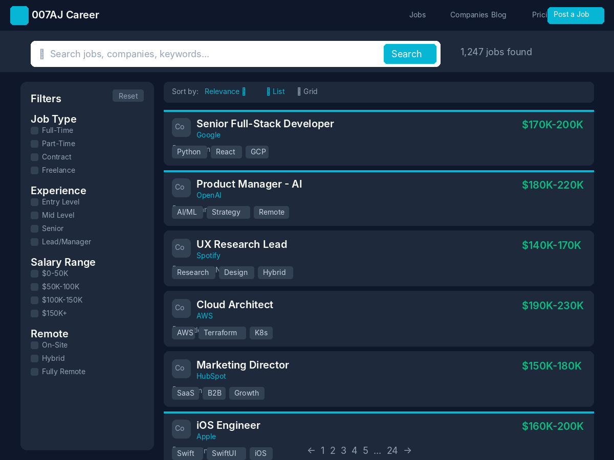Job archive page with sidebar filters for category, type, industry, and salary