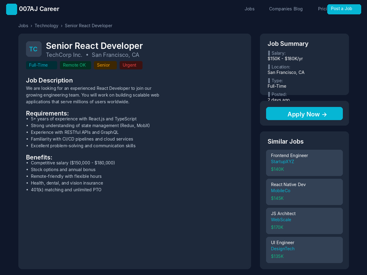 Single job listing page with company info, salary, location, and apply button