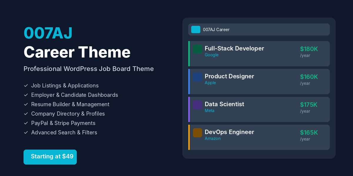 007AJ Career Theme — job listings, employer dashboard, and candidate applications